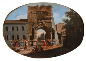 Niccolò Codazzi (Naples, 1642 - Genoa, 1693) and Filippo Lauri (Rome, 1623 - 1694), Martyrdom of St. Sebastian at the Arch of Titus